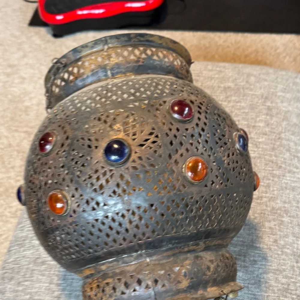 Vintage moroccan Metal Lantern with Red, Blue, and Orange Accents